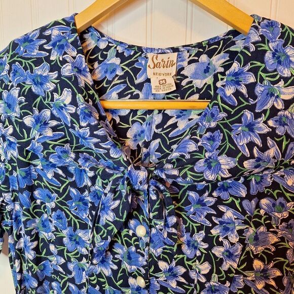 Sarin Girls Size M Short Romper Blue Floral Tie Waist Button Up Rayon Pockets - Picture 3 of 14